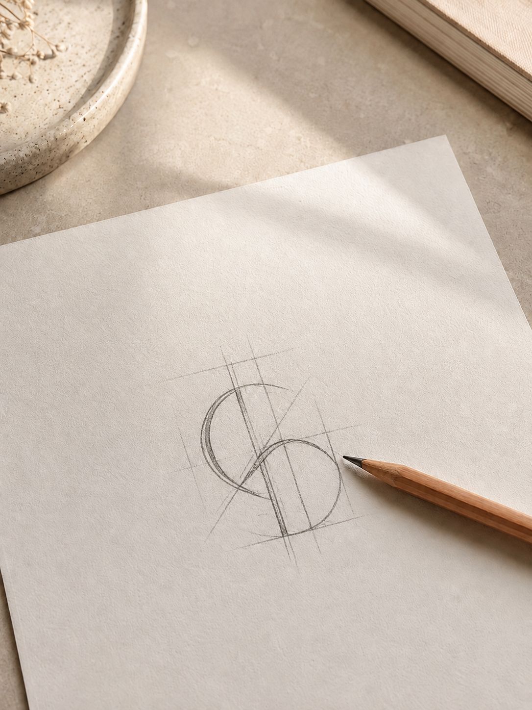 Símbolo desenhado a lápis sobre papel, com linhas de construção