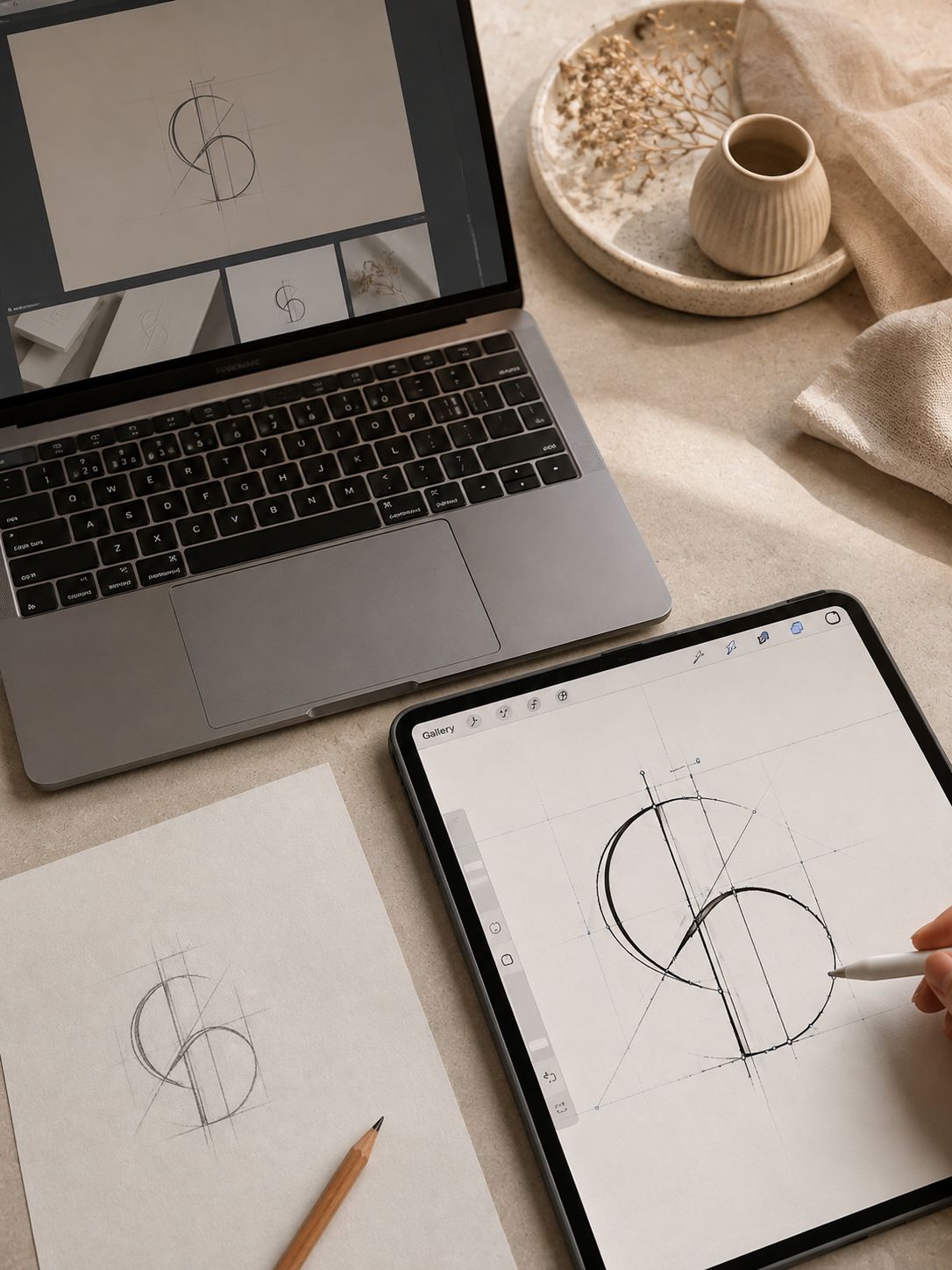 Símbolo sendo vetorizado no tablet, ao lado do desenho original a lápis